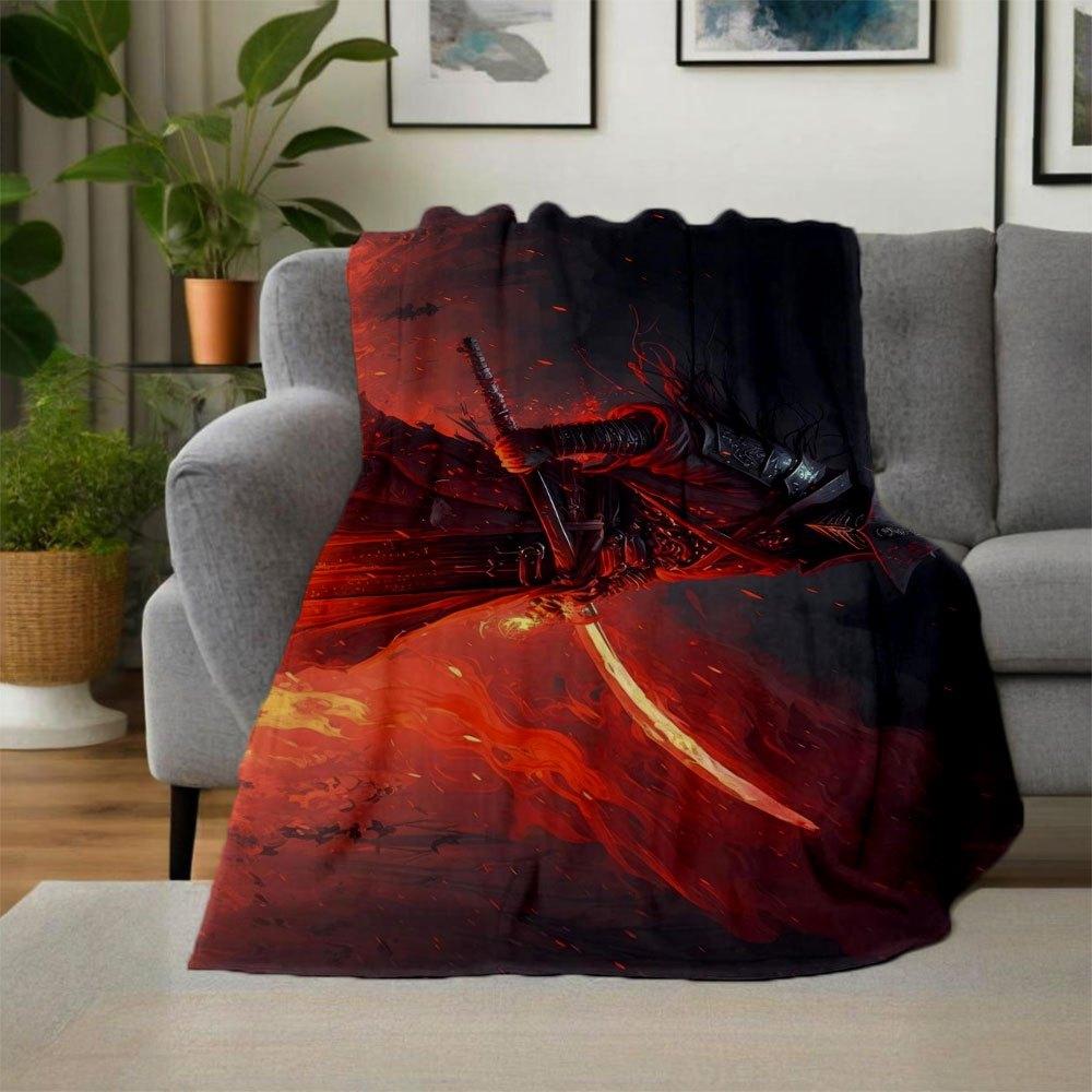 "Flaming Blade Warrior Fantasy Art Print"Blanket Flannel Throw Blanket for Sofa, Bed, Travel, Camping, Office, Couch, Chair, And Bed Gift fo