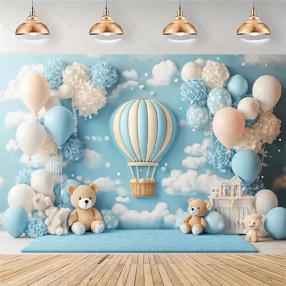 Teddy Bear Hot Air Balloon Backdrop Banner Newborn 1st Birthday Party Decoration Background Baby Shower Photography Studio Props