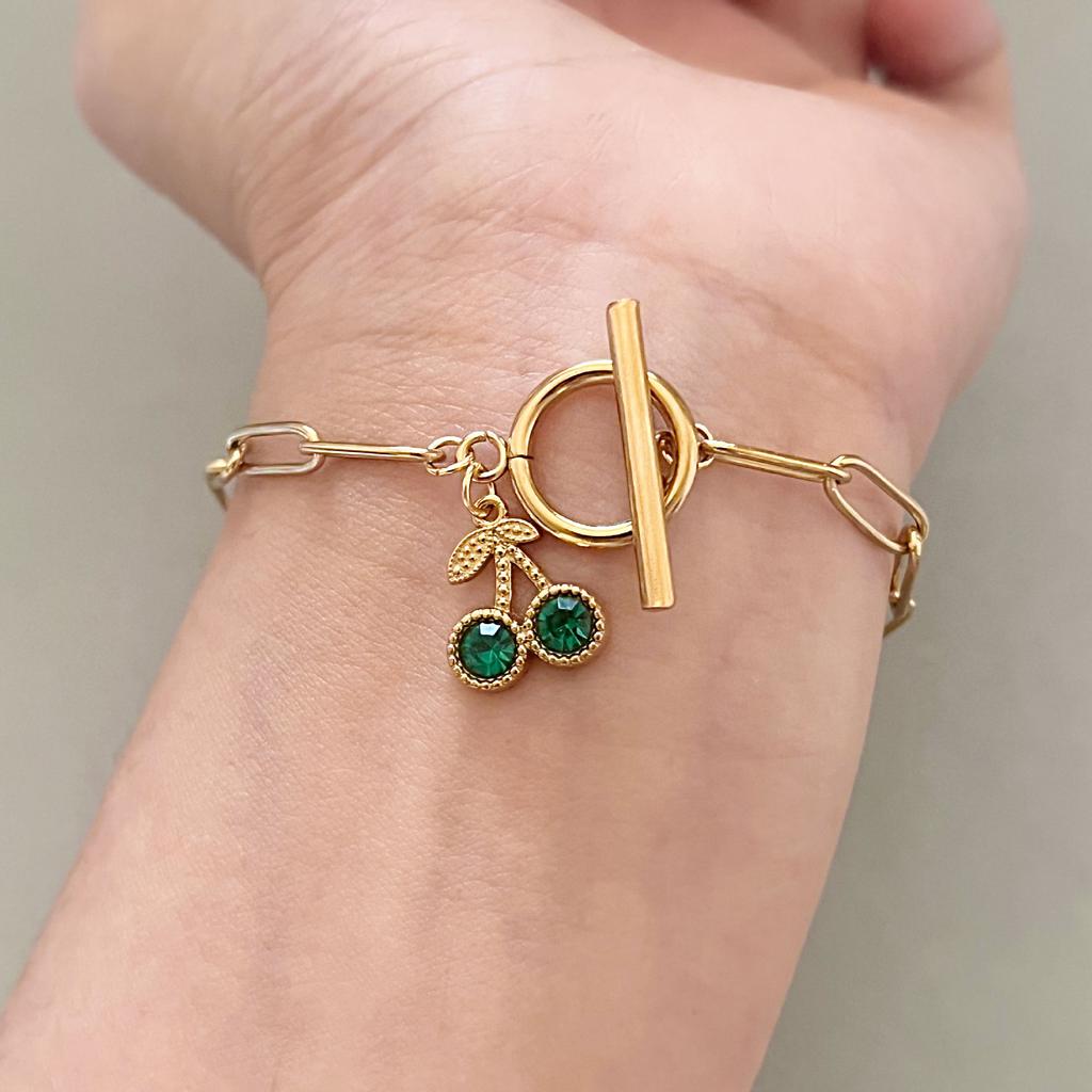 Gold Cherry Charm Paperclip Chain Toggle Bracelet – CZ Crystal OT Clasp Jewelry, Sweet Gift for Women
