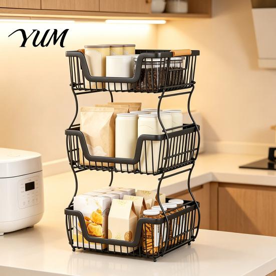 Stabiler Schreibtisch-Organizer 2/3-stöckiges Arbeitsplatten-Regal, Robuster Obstkorb-Ständer, Platzsparender Karbonstahl-Ständer für Küche, Speisekammer