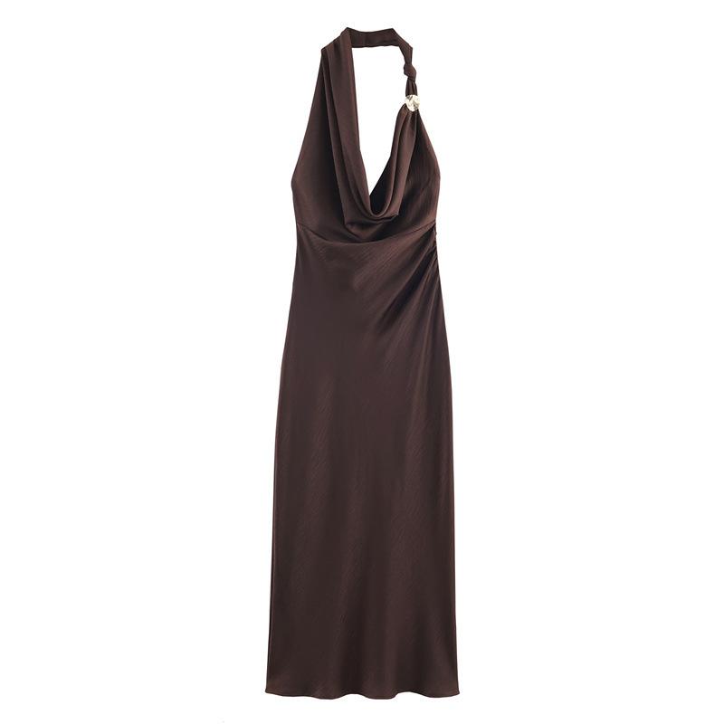 Women s Halter Sleeveless Maxi Dress Slim Fit Mid Rise Elegant Satin Solid Midi Dress XS