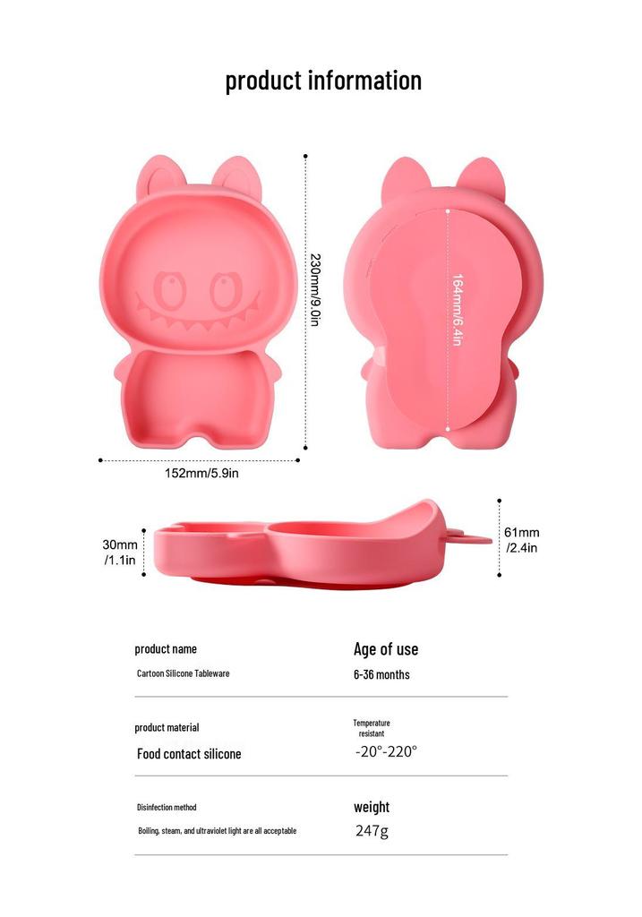 Baby Silicone Dinnerware Set: Silicone Bowl, Cartoon Plate, Bib, Divided Stainless Steel Spoon, Fork, Cup.