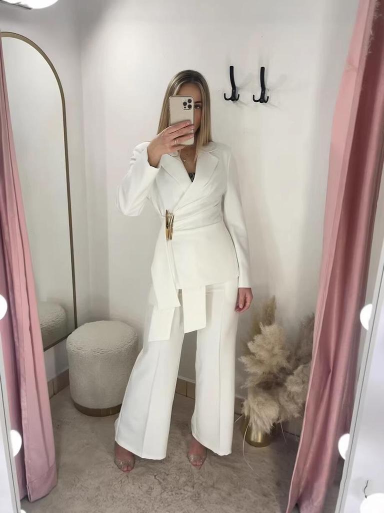 European American Style Fashion Suit: Buckle Decor Jacket & Straight-Leg Pants Two-Piece Slim Fit Set for Women
