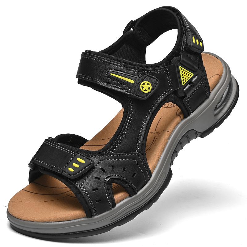 

Кожаные сандалии для занятий спортом на открытом воздухе, мужские летние новые пляжные туфли на мягкой подошве для вождения на улице, Вьетнам, крутые шлепанцы, мужской тренд 46 чёрный