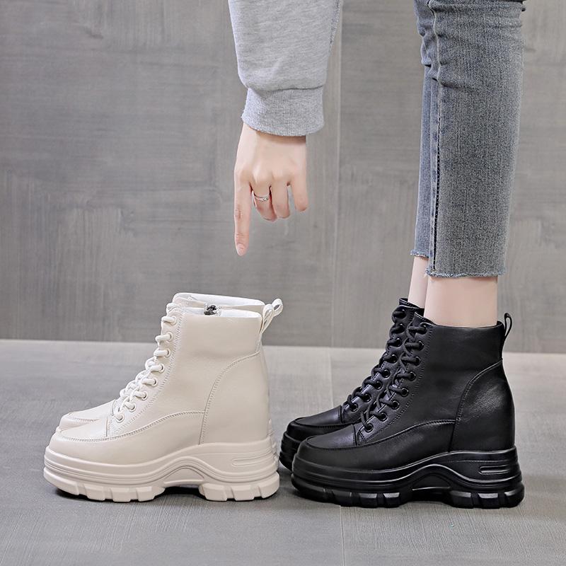 9Cm Cow Black Leather Platform Wedge Shoes Autumn Pumps Women Lace-Up Ankle Booties Spring Chunky Sneakers Mid Calf Winter Plush