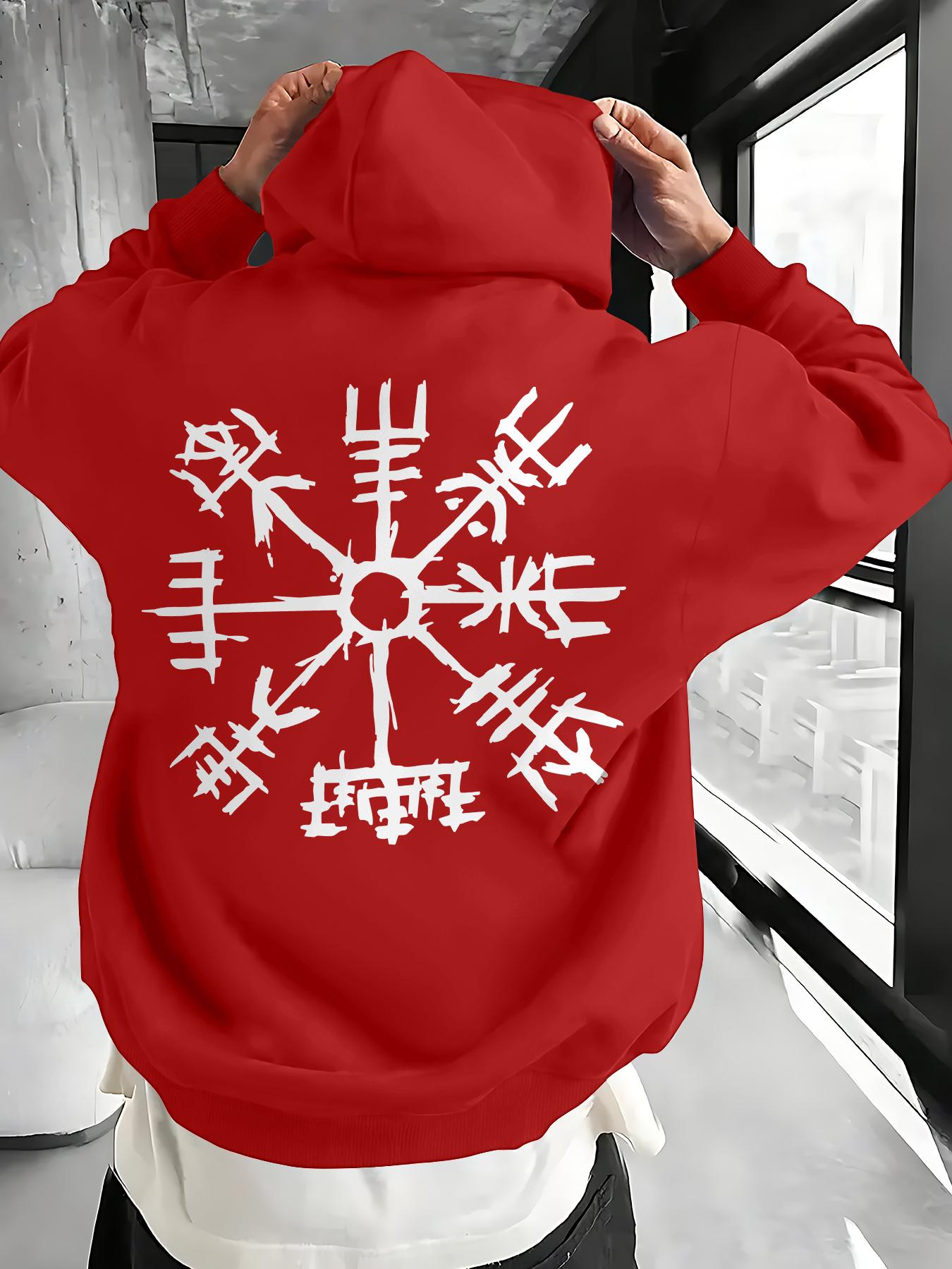 

Men s Viking Rune & Norse Graphic Hooded Sweatshirt - Dark Brown with White Viking Ship Print,Kangaroo Pocket, Machine Washable 3XL