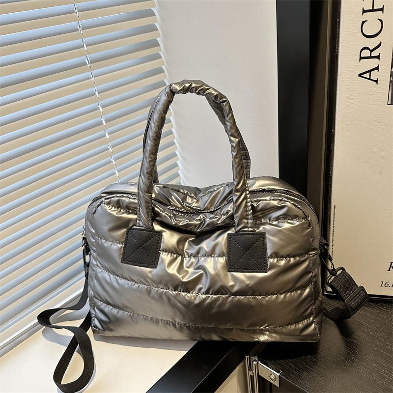 Cotton Bag Women's Autumn and Winter New Fashion Out Large Capacity Shoulder Bag Hand Bag Down Jacket Fabric Boston Bag