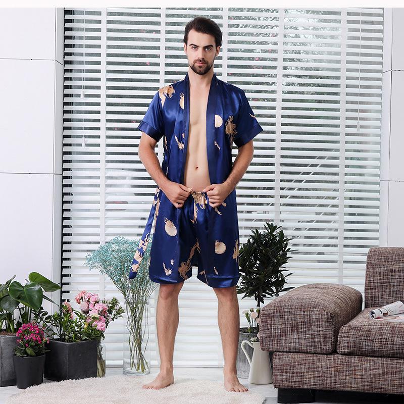 Summer Couple Silk Imitation Loungewear: Women's Nightgowns & Men's Bathrobes with Short Sleeves and Shorts.