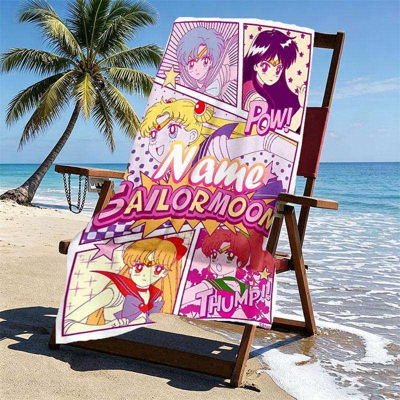 Custom Name Personalized Sailor Moon Print Beach Towel, for Trip Camping Beach Party Home Decor, Birthday Gift for Family & Friends