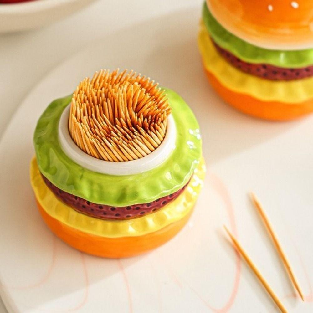 Ceramic Hamburger Toothpick Holder Dust-proof Dental Floss Box Funny Toothpick Jar Office