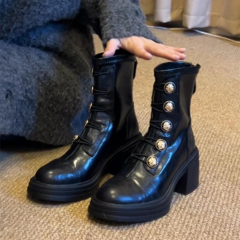 Cowhide version~ High-heeled versatile platform-soled Martin boots wobadge metal buckle leather rear zipper elastic thin boots tide.