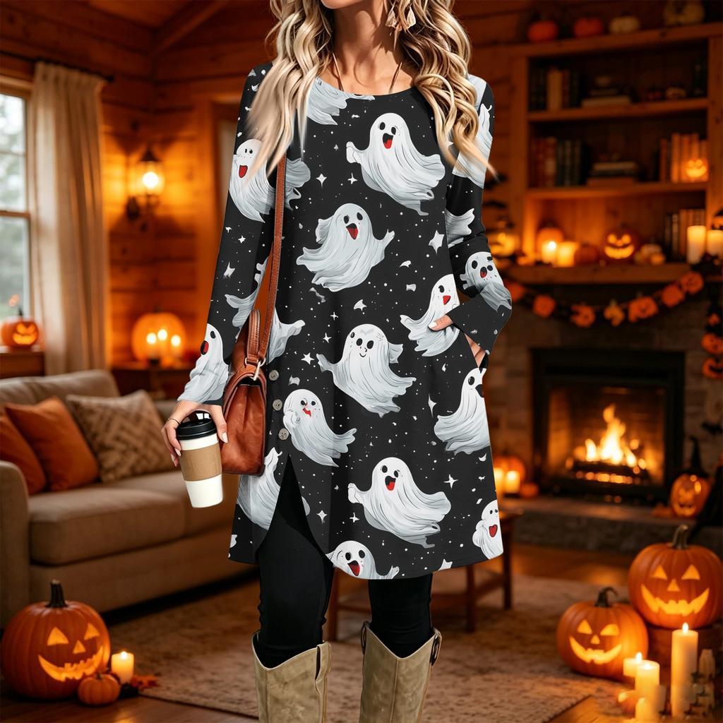 Damen Freizeitkleid mit Print, Langarm, Rundhalsausschnitt für den Alltag