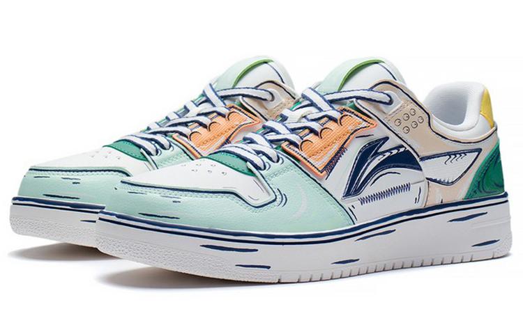Li Ning Leather Fashion Abrasion Resistant Breathable Low Top Skateboard Shoes Men's White Green AGCS199-2