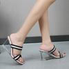 Women's Shoes Summer New Sexy Striped Cross High Heel Crystal Wedge Slippers Simple 1098 Series 8cm Heel LFD
