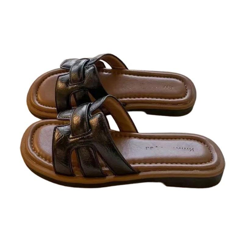 Franska retro cool tofflor med ett ord dam 2025 nya ytterplagg fyrkantig tå vävda muller-skor mjuk sula strandtofflor