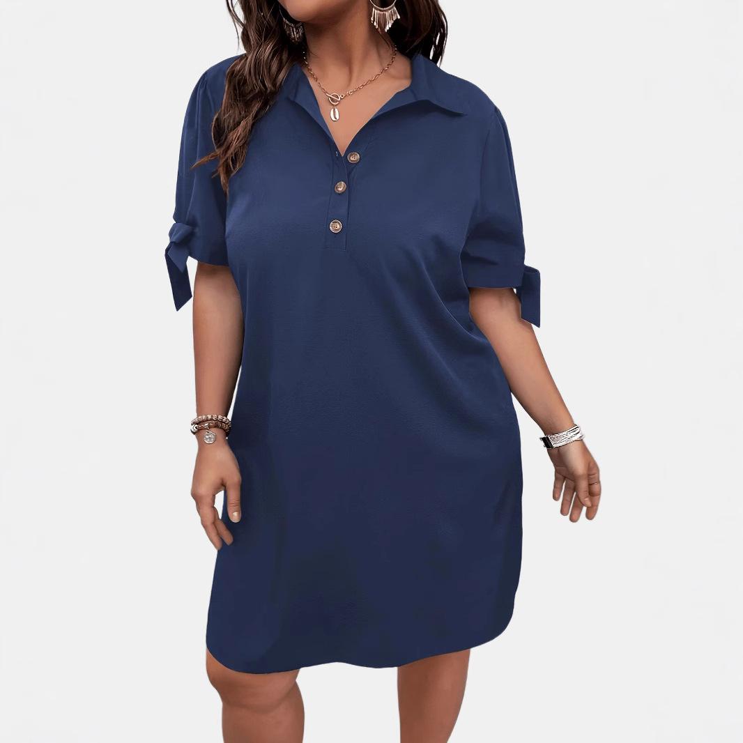 Women s Solid Color Lapel Bow Sleeve Loose Casual Short Dress S