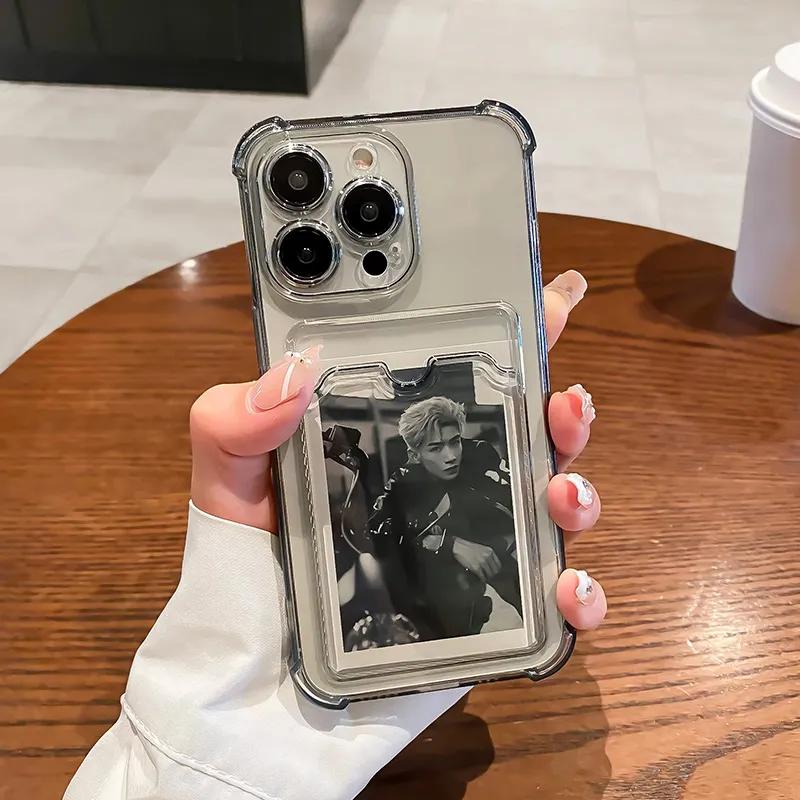 Průhledný silikonový kryt s držákem na karty pro iPhone 16 15 14 13 12 11 Pro Max XS XR 7 8 Plus, průhledná peněženka, nárazuvzdorný silikonový kryt