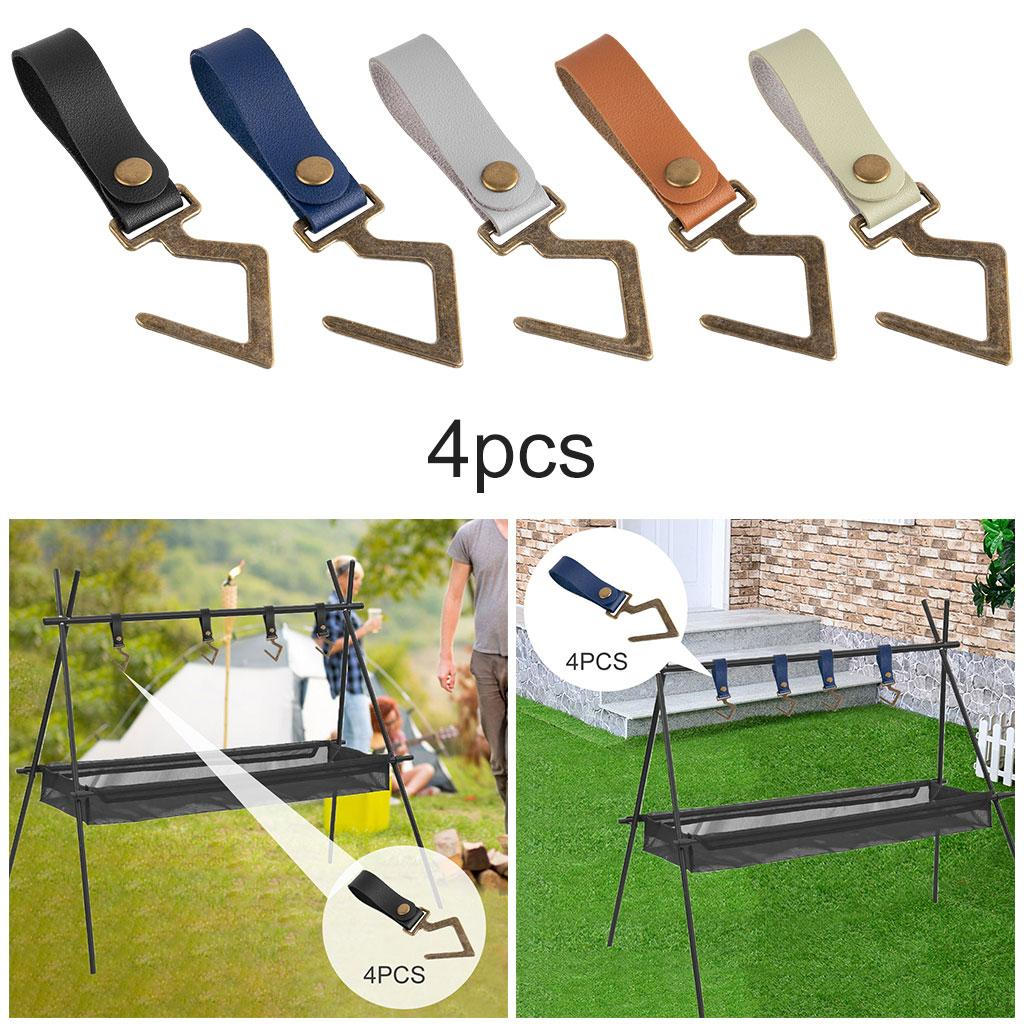 4 Pack Leather Strap Cookware Hanging Rack Hook Camping Outdoor Tools Towels Cups Hooks Hanger