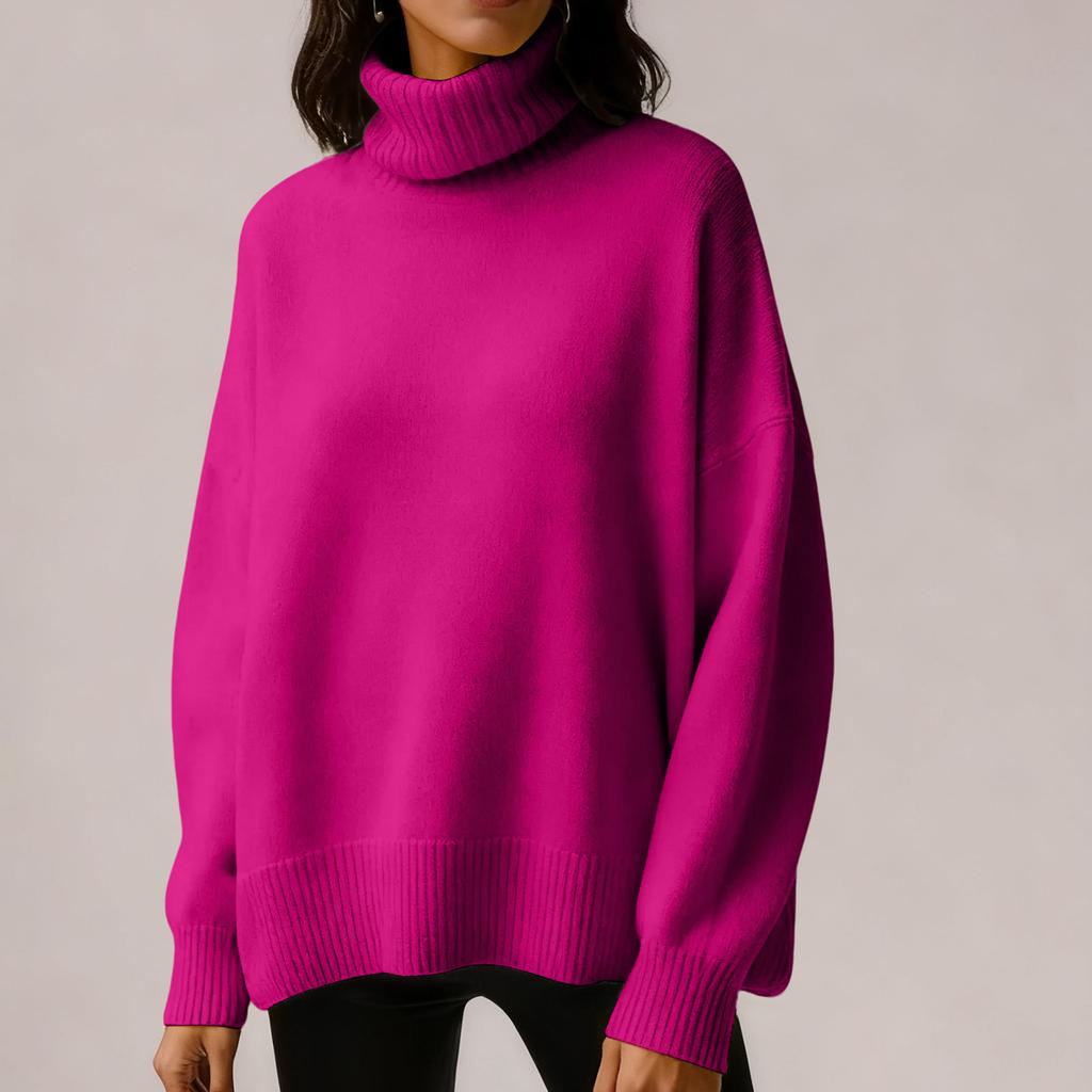 Women's Solid Color High Neck Pullover, Solid Color Loose Knit Sweater
