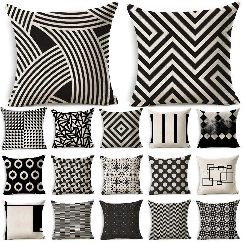Black and White Geometric Pattern Fabric Linen Cotton Throw Pillow Waterproof Oilcloth Car Sofa Bed Decorative Pillowcase