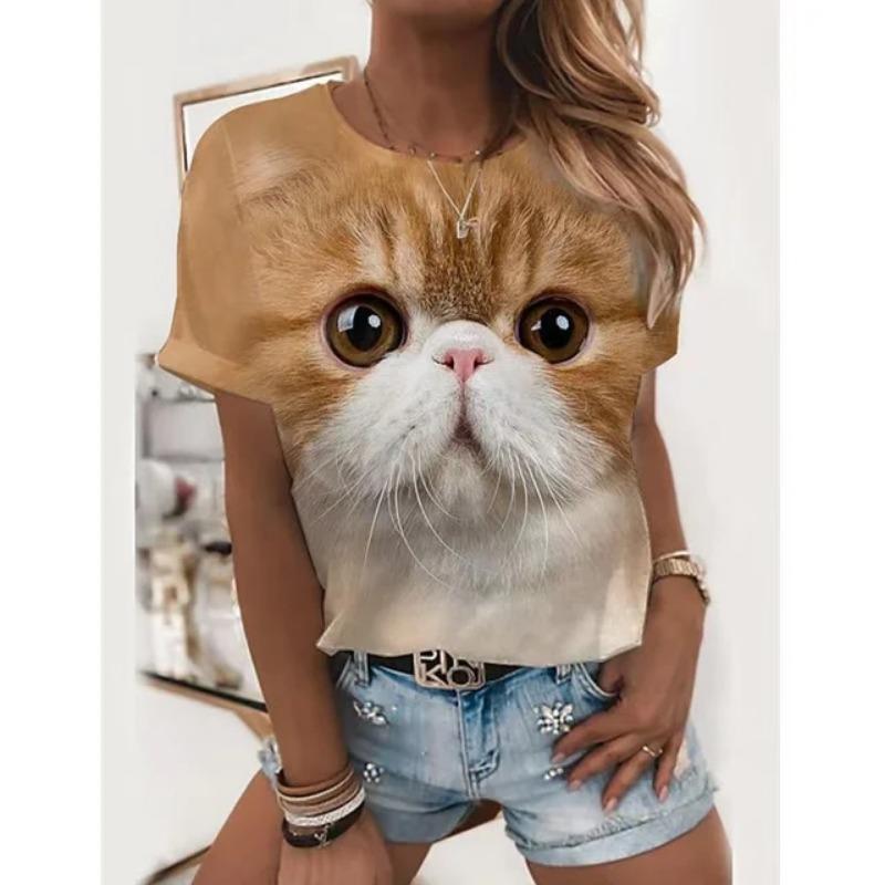 Cat Printed Summer T-shirt Women's Outdoor Clothing Casual Fashion Short Sleeved T-shirt Round Neck 3D T-shirt Top
