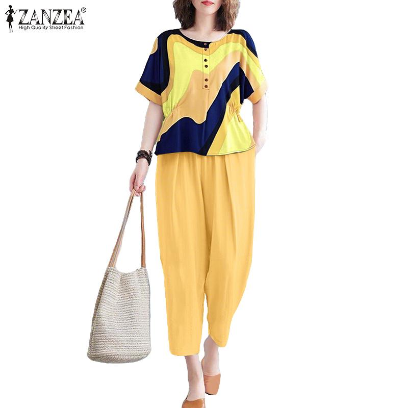 ZANZEA Women Short Sleeve Print Blouse and Pants Summer Two Piece Suit Sets