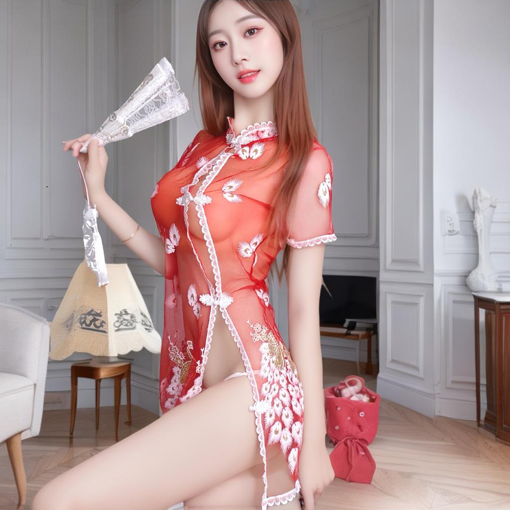 Hot sale of erotic underwear, phoenix embroidered ancient cheongsam, charming and sexy open crotch free passion pajamas