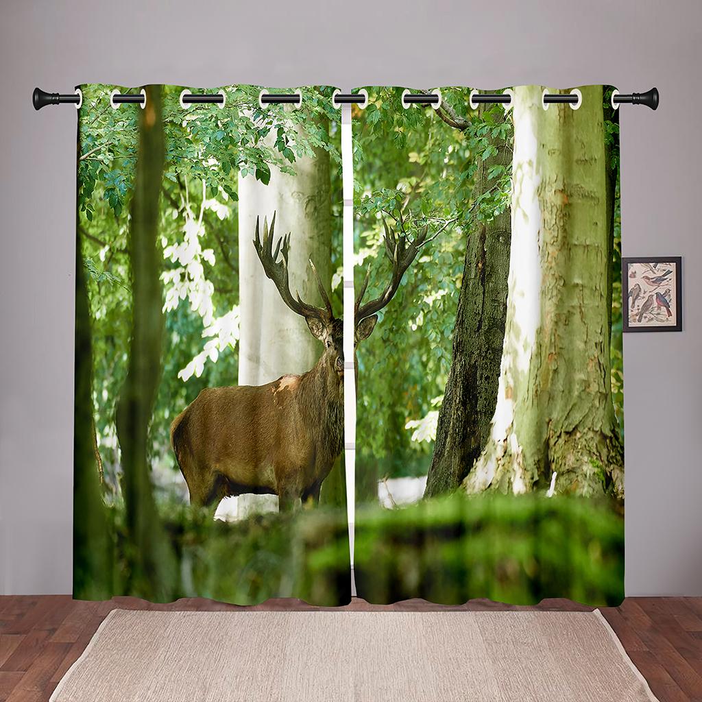 Thick 90% Shading Nature Deer Animal Forest Green TreeBlackout Window Curtain For Bedroom Living Room Bathroom Kicthen Door Hall