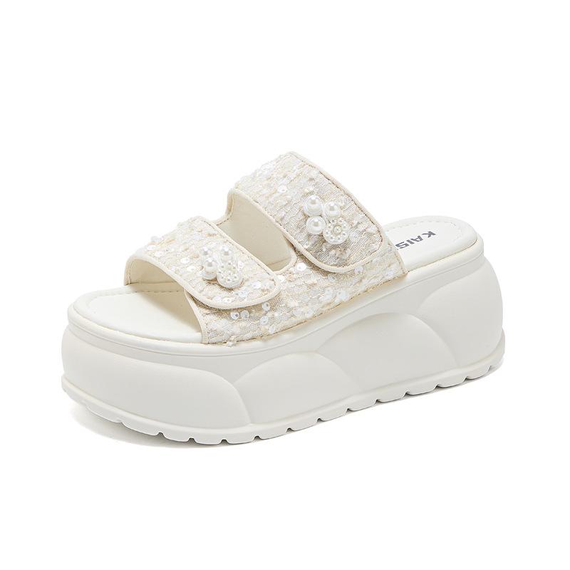 

High-value fashion sequined platform slippers 2025 new summer wear muffin non-slip beach word super soft tide 34