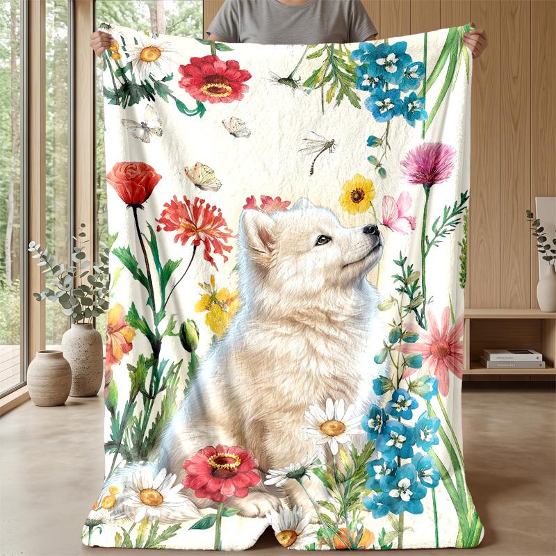 Floral Garden Pup Theme blanket Lightweight Warm Flannel Blanket Decorative Throw Blanket for Home Decoration