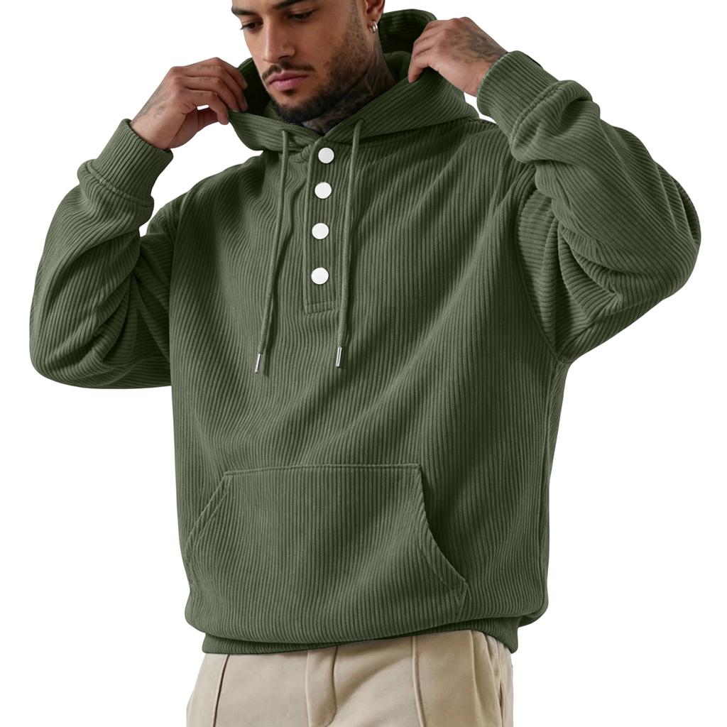 Sweat à capuche en velours côtelé pour homme, coupe ample, grandes poches, quatre boutons et, Sweatshirt décontracté de couleur