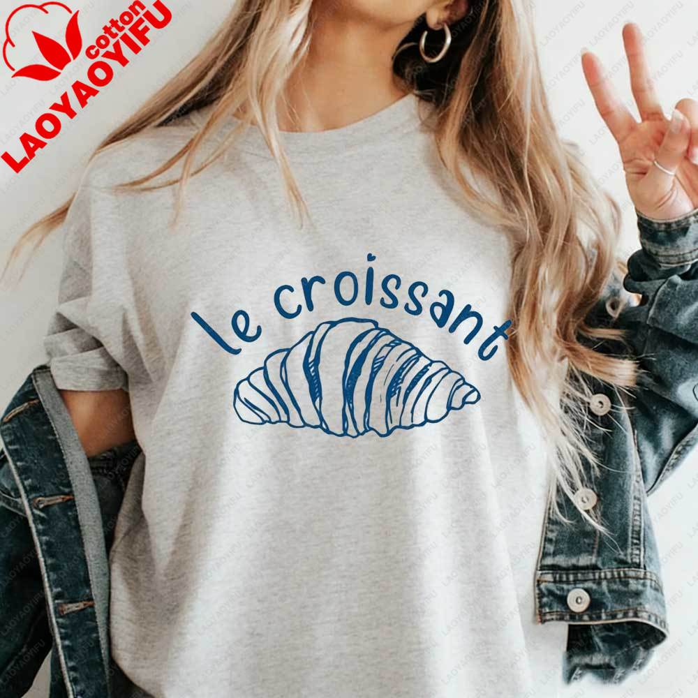 Damen Minimalist Le Croissant T-Shirt Französisch Blau Linienkunst Grafik-T-Shirt Baumwoll-T-Shirt Sommer Ästhetik Pariser Essensliebhaber Oberteile