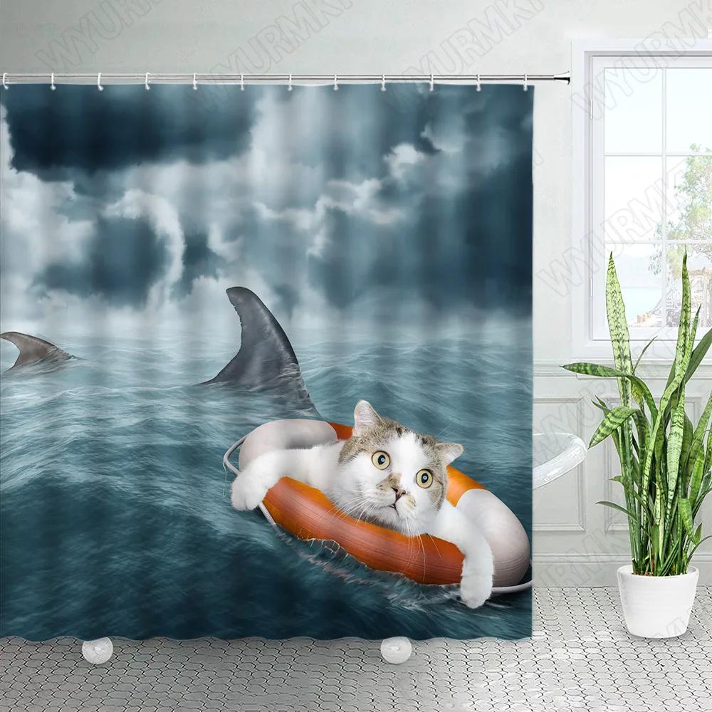 Kreative Tiere Duschvorhänge Badebär Meereswellen Haie Katze Dinosaurier Lustiges Design Stoff Badezimmer Dekor Duschvorhang Set