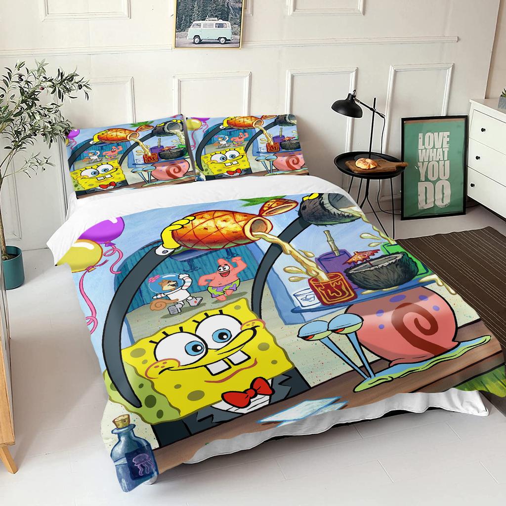SpongeBob SquarePants Bedding Set Cartoon Duvet Cover Pillowcase for Kids Teens Bedroom Home Decor Christmas 2/3Pcs