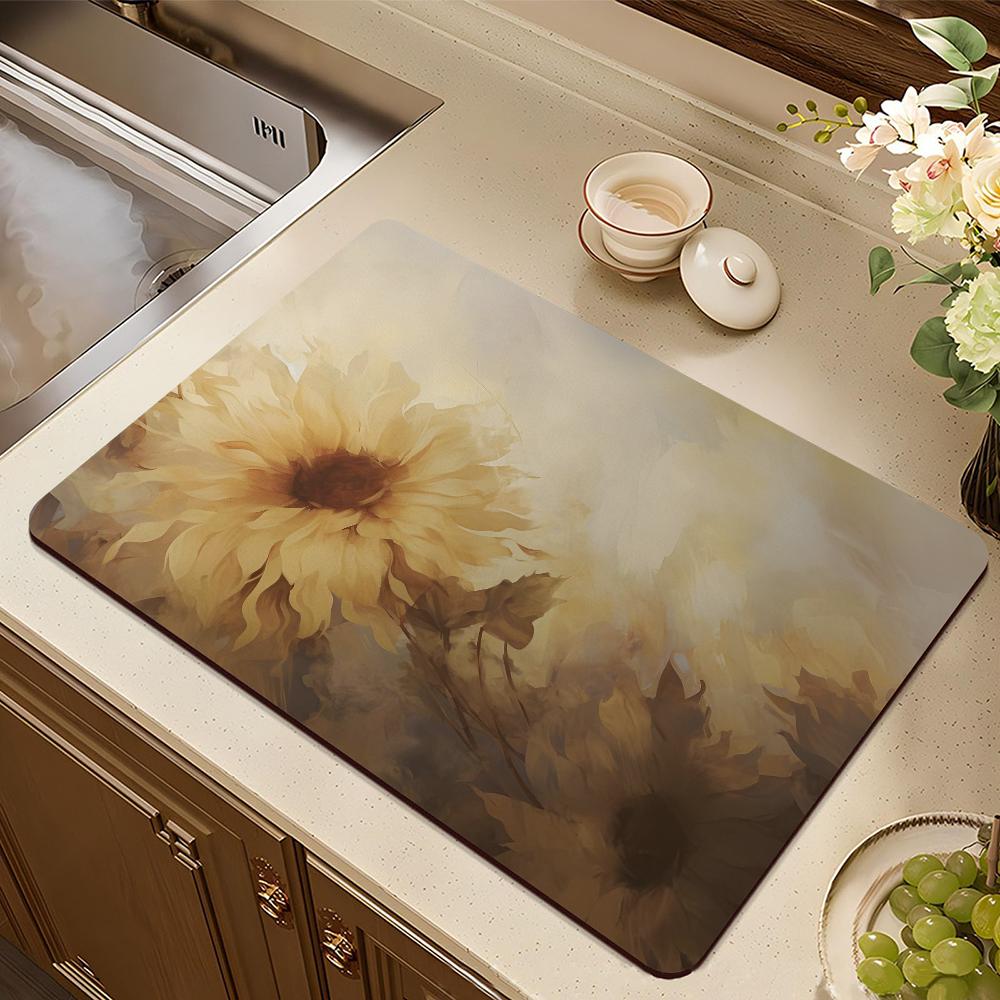 Yellow Sunflower Retro Draining Pad Drying Mat For Kitchen Bar Coffee Dishes Rubber Quick Drying Water Absorbent Anti-slip Mat