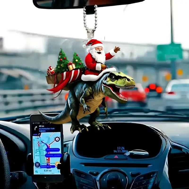 Christmas Pendant Santa Claus On Dinosaur Ornament 2D Flat Acrylic Hanging Decoration For Christmas Tree Mantel Decor