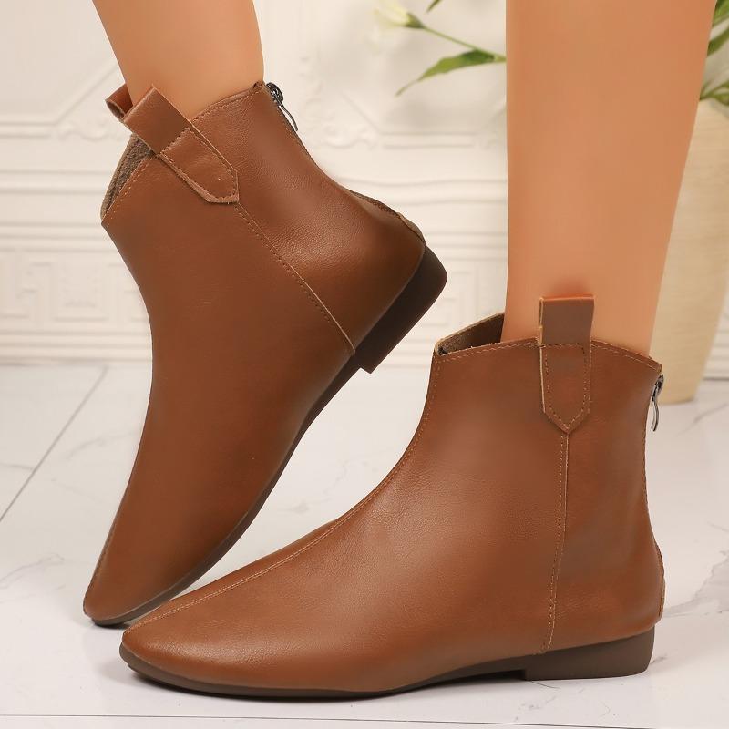 New Fashion Women'S Vintage Booties Fall Fashion Pointed Toe Rear Zip Soft Leather Low Follower Single Boots
