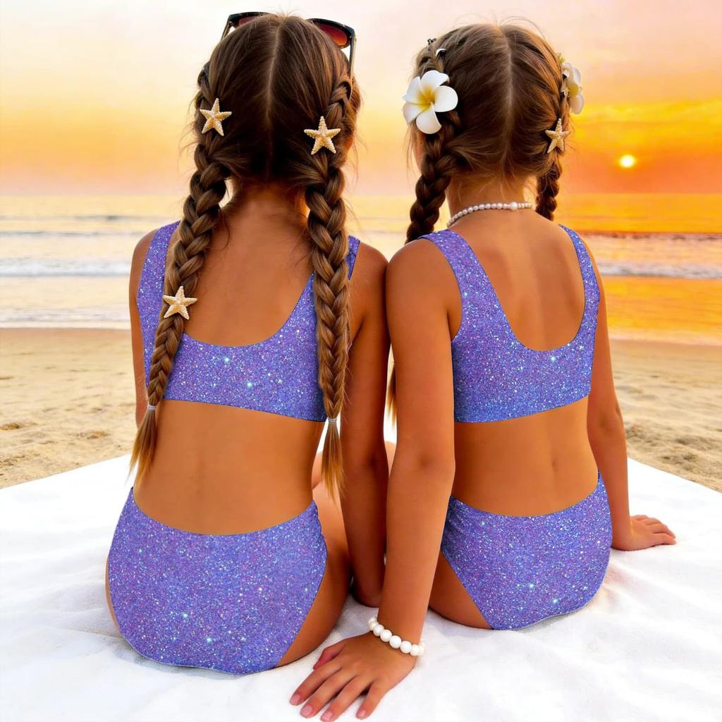 Costume da Bagno Due Pezzi per Bambina Set Top Corto Senza Maniche con Stampa di Paillettes e Slip a Vita Alta Costumi da Bagno per Bambini Estate Abbigliamento da Spiaggia