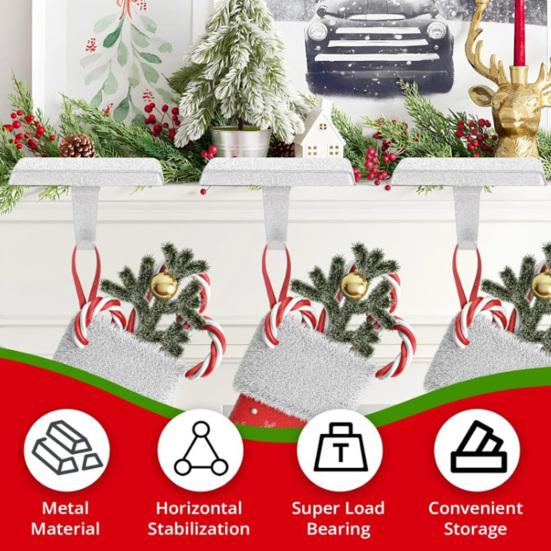 Glitter Christmas Stocking Holder Xmas Stocking Hanging Hook Heavy Duty Metal Stocking Hanger for Mantle Shelf Fireplace Stair Holiday Party Decor