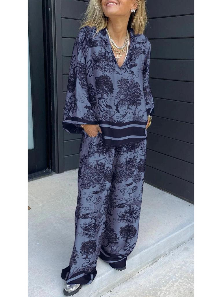 2024 V-neck Print Long Sleeve Women's Fashion Set with Pockets