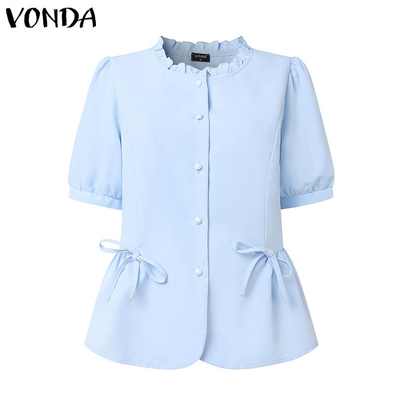 

VONDA Women Elegant Ruffled Neck Puff Sleeve Buttons Solid Casual Blouse 3XL синий