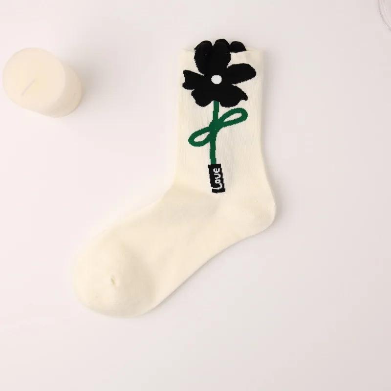 Women Socks Korean Japanese Style Cartoon Green Flower Harajuku Cute Kawaii Mid Tube Socks Breathable Casual Short  Cotton Socks