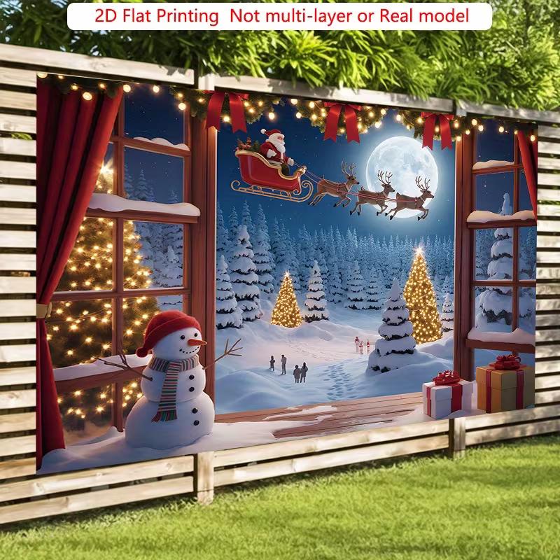 2D Christmas Party Backdrop, Window Scene & Santa's Sleigh Photography Background