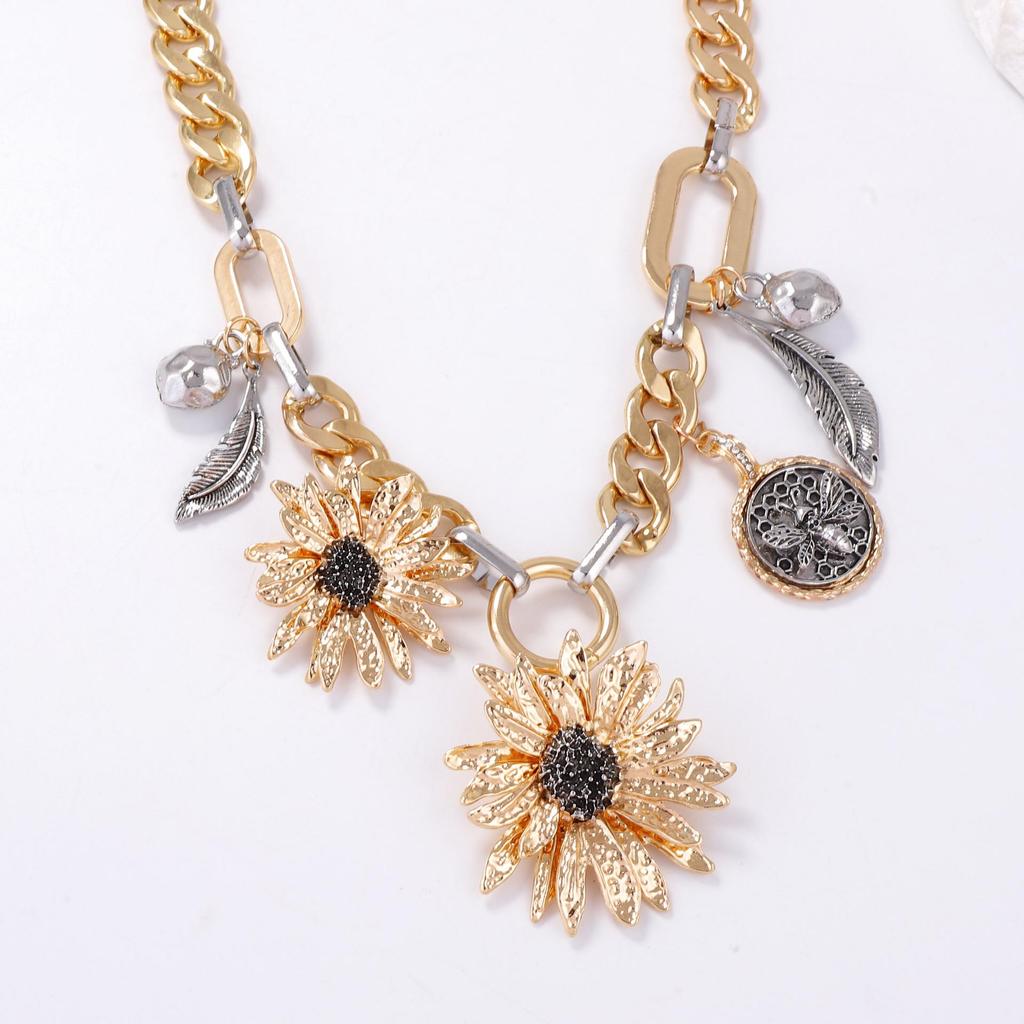 Summer Sunflowers Necklace - Layered Floral Necklace | Boho Style | Two-Tone Plating