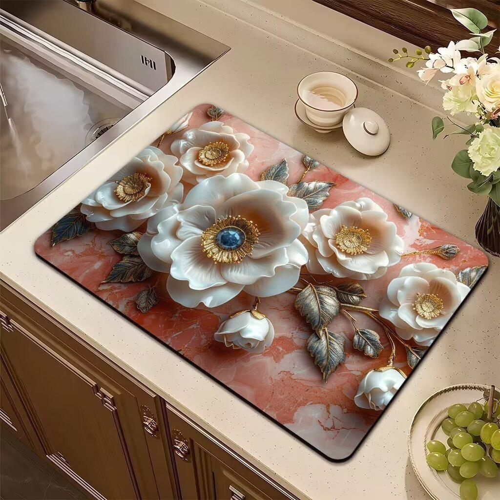 Saugfähige Matte Rosa Pflanze Blume Rose Abtropfmatte Küchengeschirr Trocknen Geschirr Rutschfester Teppich Geschirr