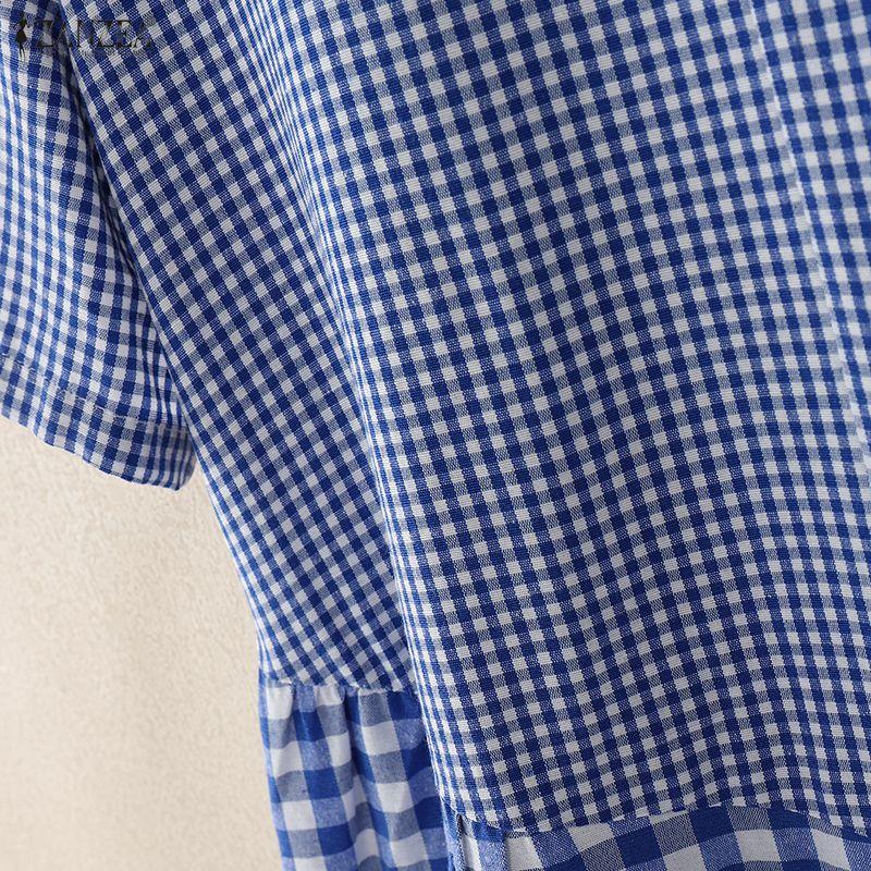 ZANZEA Women Casual Round Neck Short Sleeve Plaid Print Dress