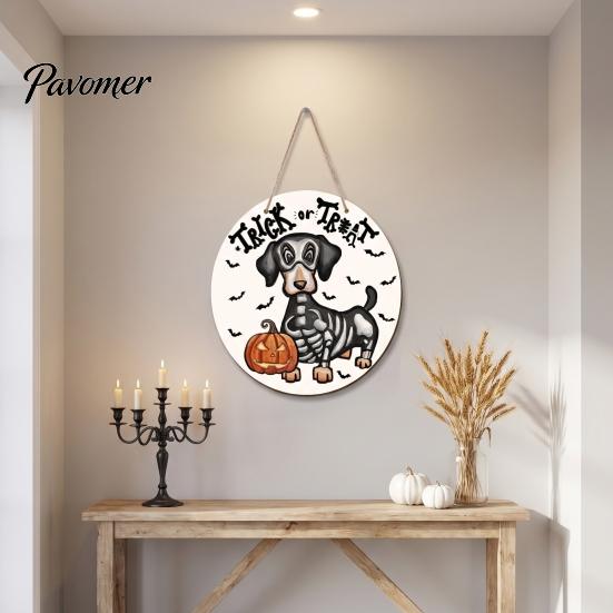 Indoor Halloween Wall Art Dachshund Hanging Sign, Spooky Skeleton Dog Trick or Treat Wooden Theme Decoration with Pumpkin Bat Pattern, Holiday Welcome