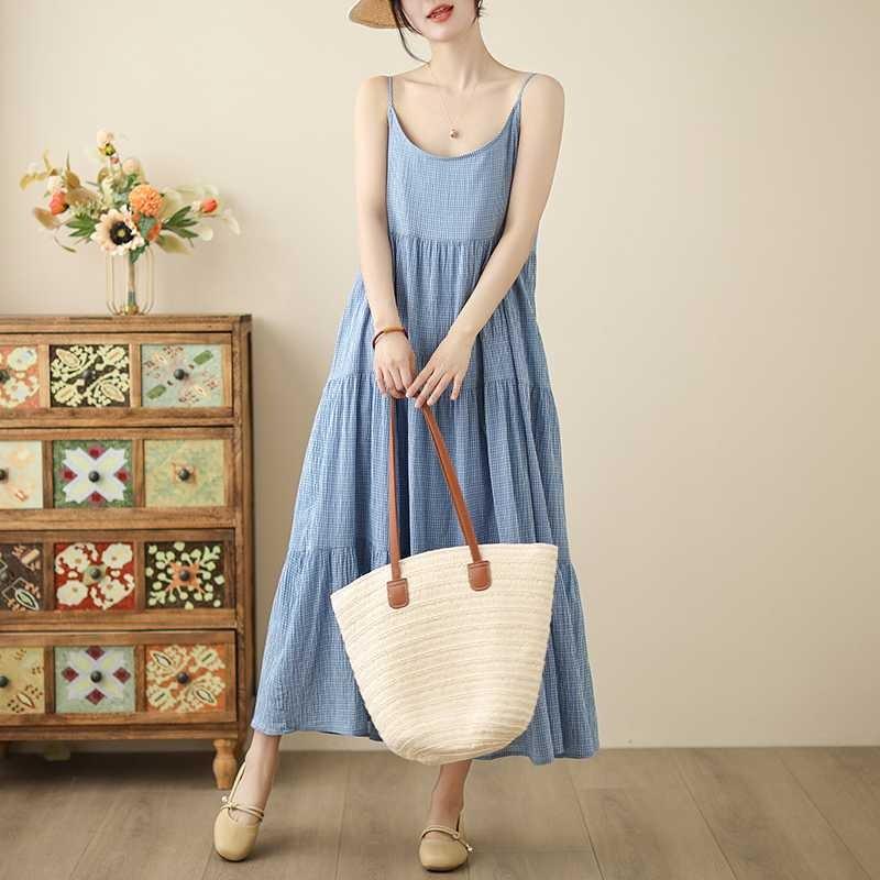 Dam Blå Hängselkjol Havsfräsch och Mild Rutig Lös Ärmlös Klänning Dam