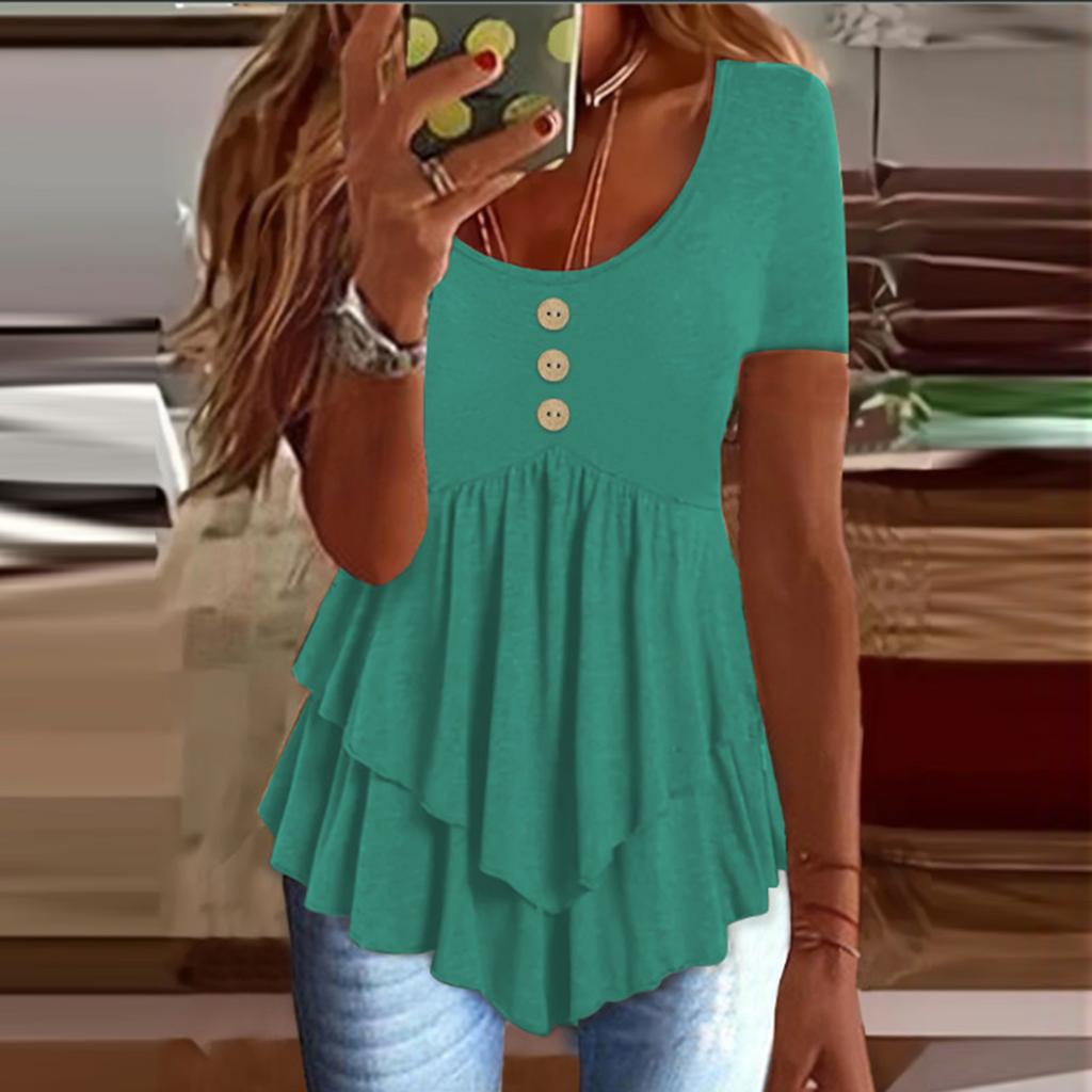 Women's Fashion Loose Three Button Casual Solid Colour Short Sleeve T-Shirt Top
