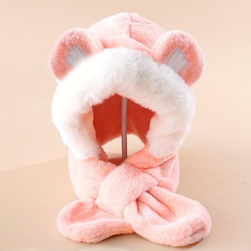 Youngsters Cute Cat Ear Winter Plush Thickened Ear and Neck Protection Daily Warm Cat Paw Embroidery Hat and Scarf Combo